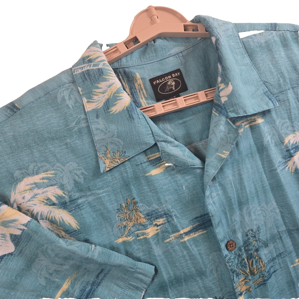 Falcon‎ Bay Mens Size XLT Shirt Teal Hawaiian Tropical Palm Trees Floral Relaxed